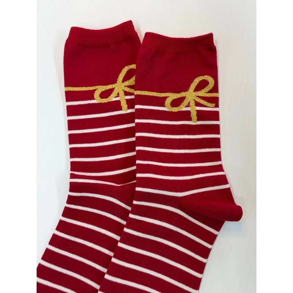 Unbranded Socks Red White Striped Gold Bow Holiday Christmas Crew One Size Women